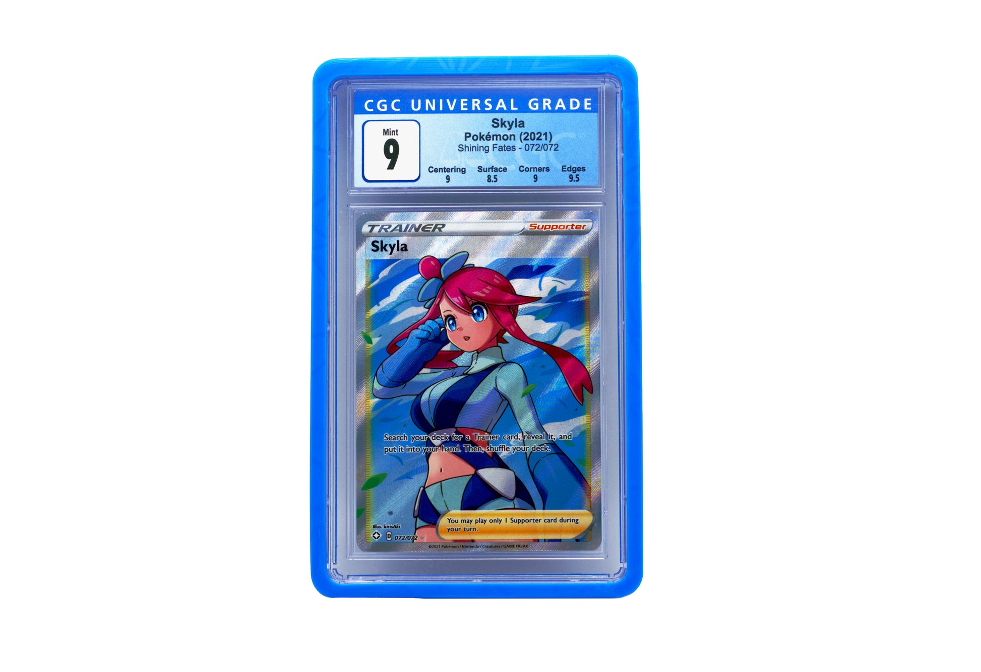 The sky blue CGC Card Slab Protector shown with Skyla from the Pokemon TCG in it against a white background