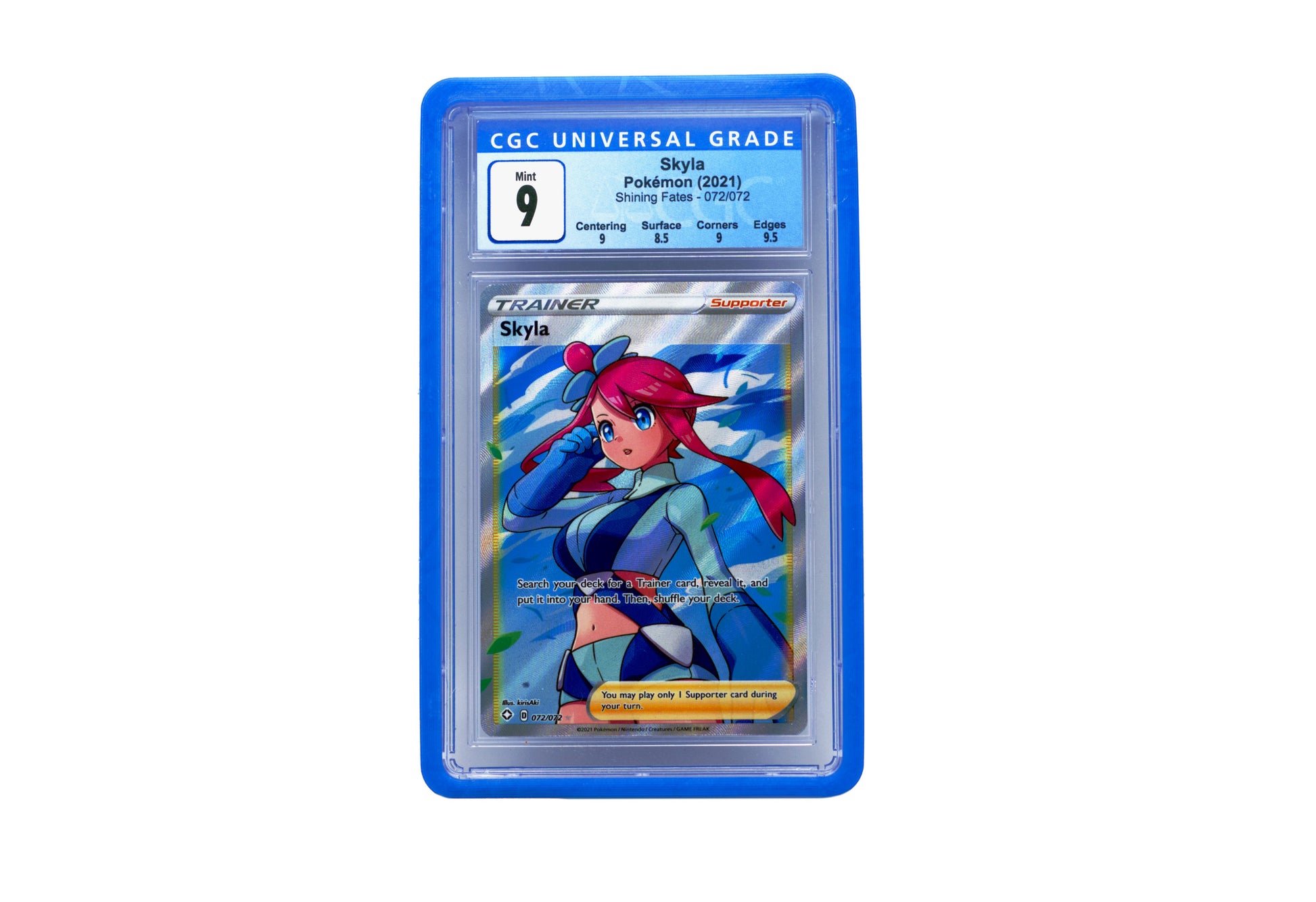 The blue CGC Card Slab Protector shown with Skyla from the Pokemon TCG in it against a white background