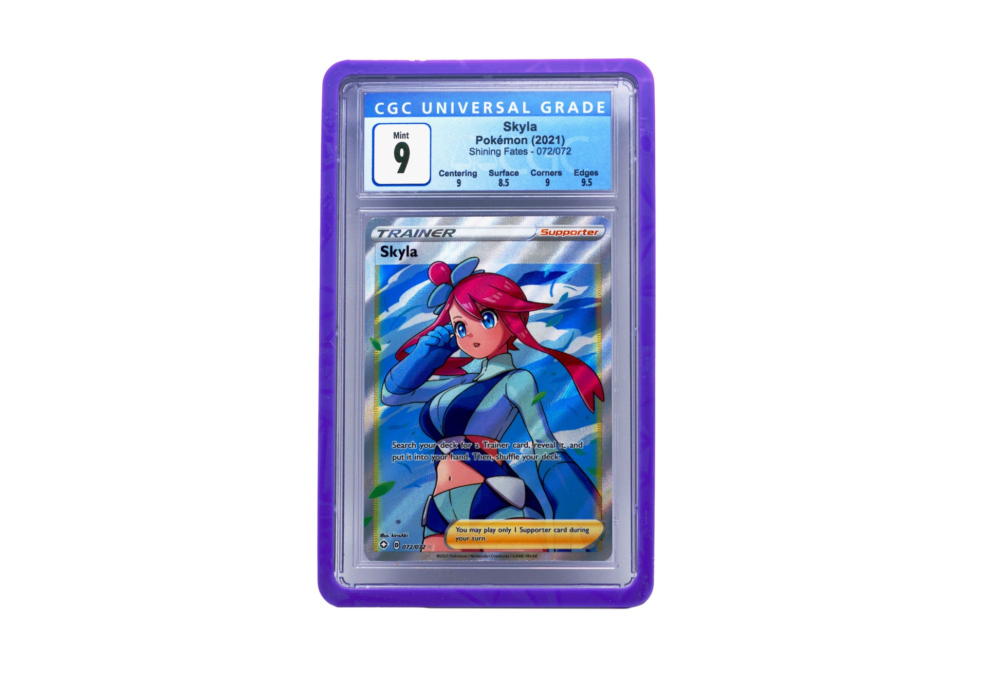 The purple CGC Card Slab Protector shown with Skyla from the Pokemon TCG in it against a white background
