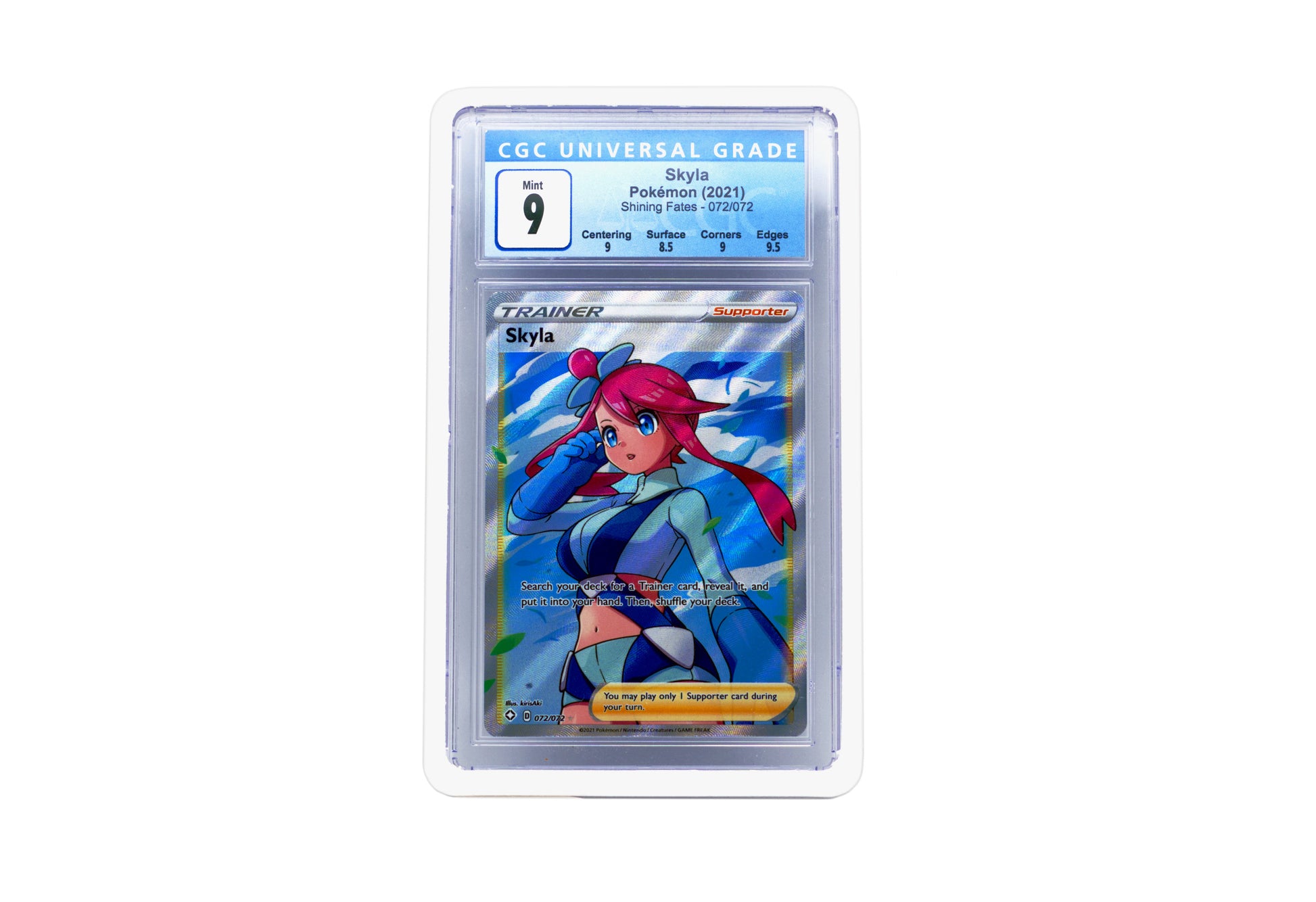 The white CGC Card Slab Protector shown with Skyla from the Pokemon TCG in it against a white background