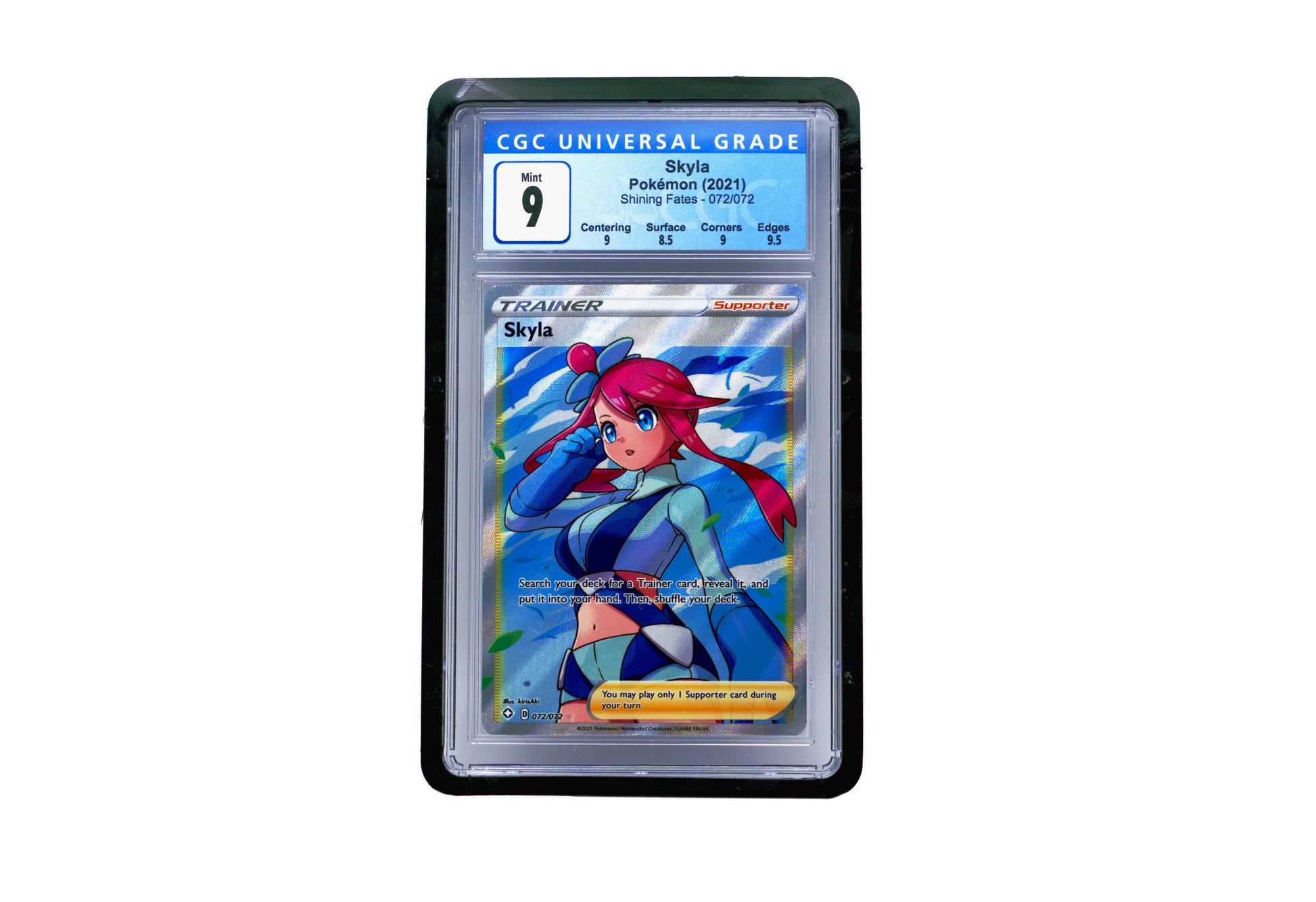 The black CGC Card Slab Protector shown with Skyla from the Pokemon TCG in it against a white background
