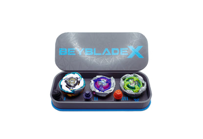 The Beyblade X Pocket deck box in grey and sky blue. Currently open revealing the three beys inside which include Emperor Pegasus Blast Heavy 3-60 Level, Shark Scale 1-70 Low Rush, and Wizard Rod (Wand Wizard) 1-60 Hexa