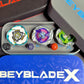 A collection of Beyblade X tops and storage cases. The tops feature various colors and designs, including green, purple, and white. The cases are black, gray, and blue, with the Beyblade X logo.