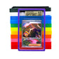The Beckett Card Slab Protector in sky purple with Janine from the Pokemon TCG. With the rest of the 11 colors shown behind it in a stack against a white background.