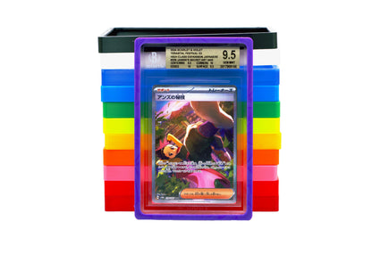 The Beckett Card Slab Protector in sky purple with Janine from the Pokemon TCG. With the rest of the 11 colors shown behind it in a stack against a white background.