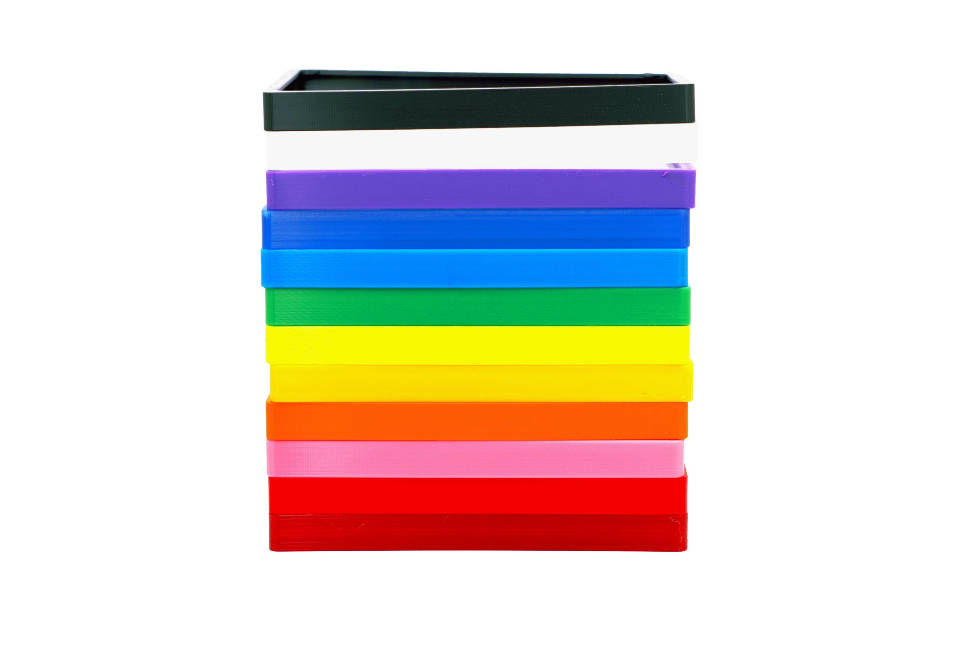 All 12 of the color options of the Beckett Card Slab Protector shown. This includes Red, Cherry, Pink, Orange, Yellow, Lime, Green, Sky Blue, Blue, Purple, White, Black