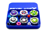 The Pocket Deck Box that holds 6 beys for Beyblade X shown in the blue and white color combination. Showcasing Shark Scale, Meteor Dragoon, Wizard Rod, Emperor Pegasus Blast, Cobalt Dragoon, and Hover Wyvern. 