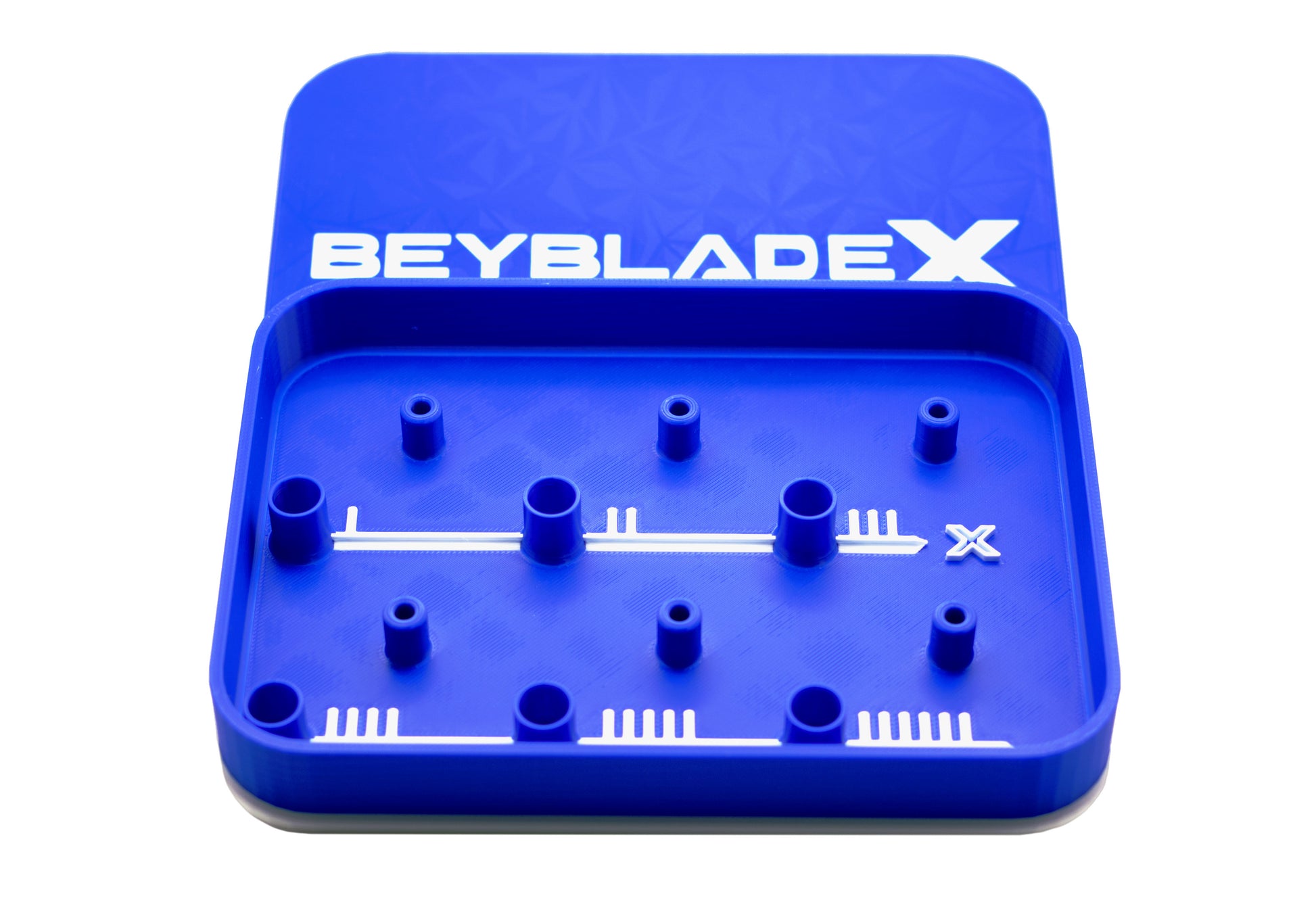 The Pocket Deck Box XL for Beyblade X showing the inside without any Beys in it. Show in the Blue and White color combination.