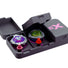 The Beyblade X Pocket Clam Shell Deck Box in Black and Hot Pink. Shown with the first slot open and the second partially open. With Shark Scale 1-70 Low Rush and Hover Wyvern (Pringle) 1-50 Kick. Against a white background.