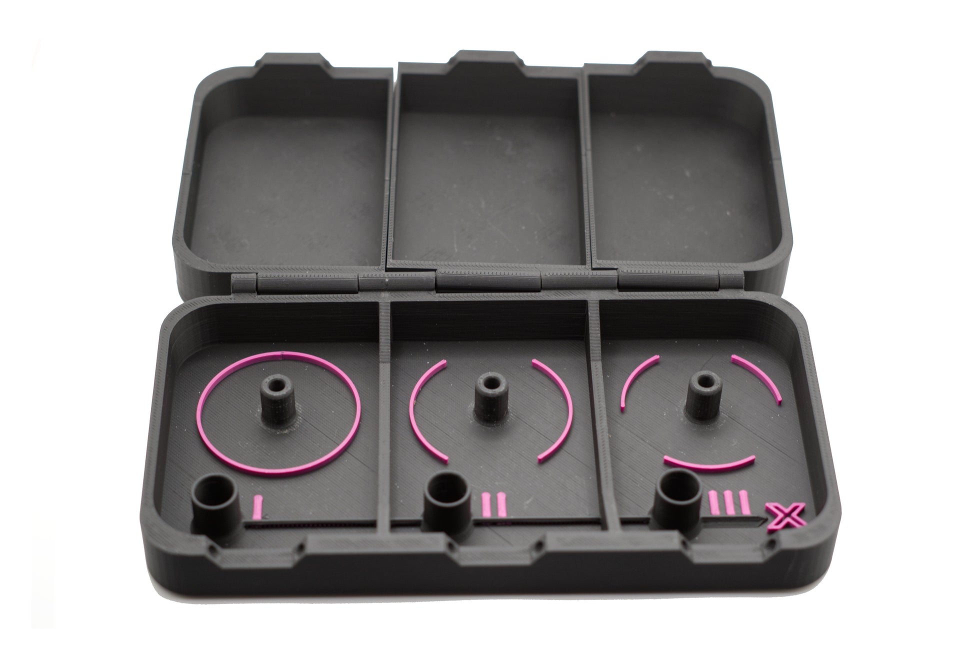 Beyblade X Pocket Clam Shell Deck Box shown in black and hot pick with all slot sections open with no beyblades inside while against a white background.