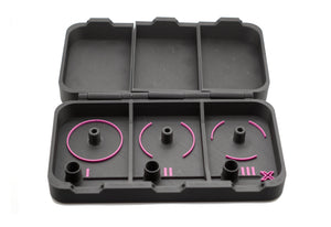 Beyblade X Pocket Clam Shell Deck Box shown in black and hot pick with all slot sections open with no beyblades inside while against a white background.