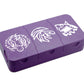 The Beyblade X Pocket Clam Shell Deck Box shown in purple and white. Showing off that each section can have it's own icon for complete customization of your deck box