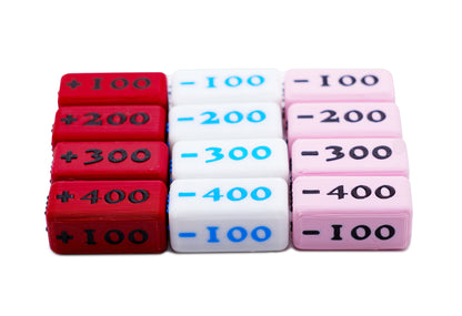 The 100-400 Attack Increase and Decrease Markers shown in Ruby/Black, White/SkyBlue, and Bubble Gum/Black. All against a white background, showing that you can pick your own color combination