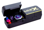 The Slam Shell EX deck box for Beyblade X shown in the Black and Gold color combination against a white background. With the first lid open showing Shark Scale a 0-80 ratchet and 3 bits.
