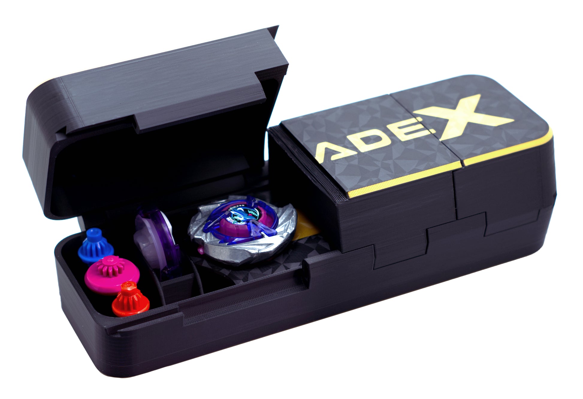 The Slam Shell EX deck box for Beyblade X shown in the Black and Gold color combination against a white background. With the first lid open showing Shark Scale a 0-80 ratchet and 3 bits.