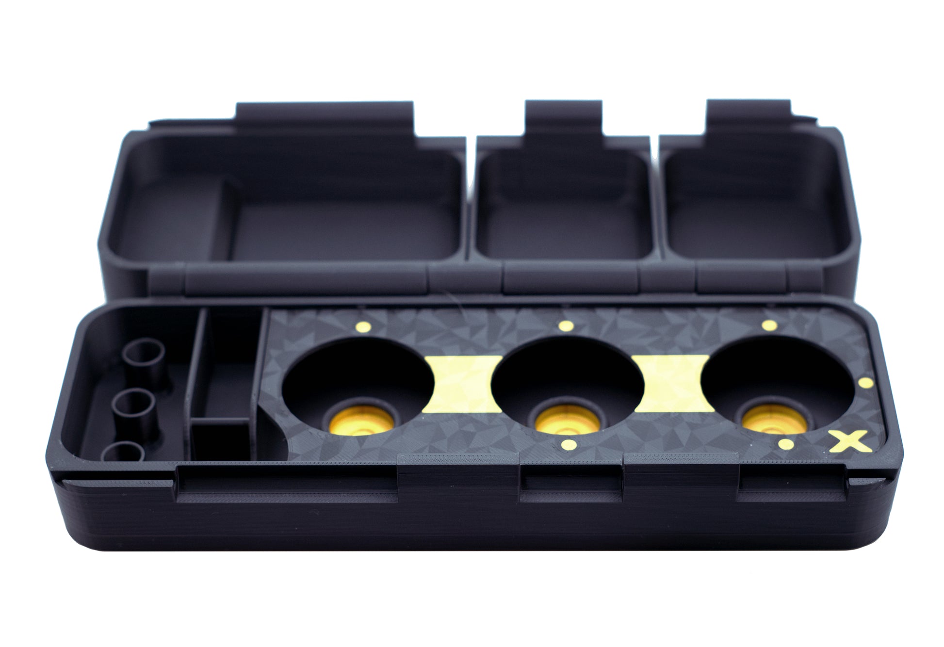 The Slam Shell EX deck box fully open with no products inside the case. Shown in the black and gold color combination