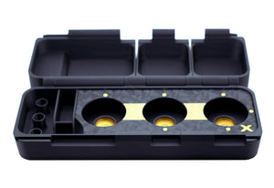 The Slam Shell EX deck box fully open with no products inside the case. Shown in the black and gold color combination