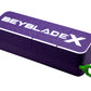 The Slam Shell EX deck box in the purple and white color combination fully closed with a green ripcord slid though it 