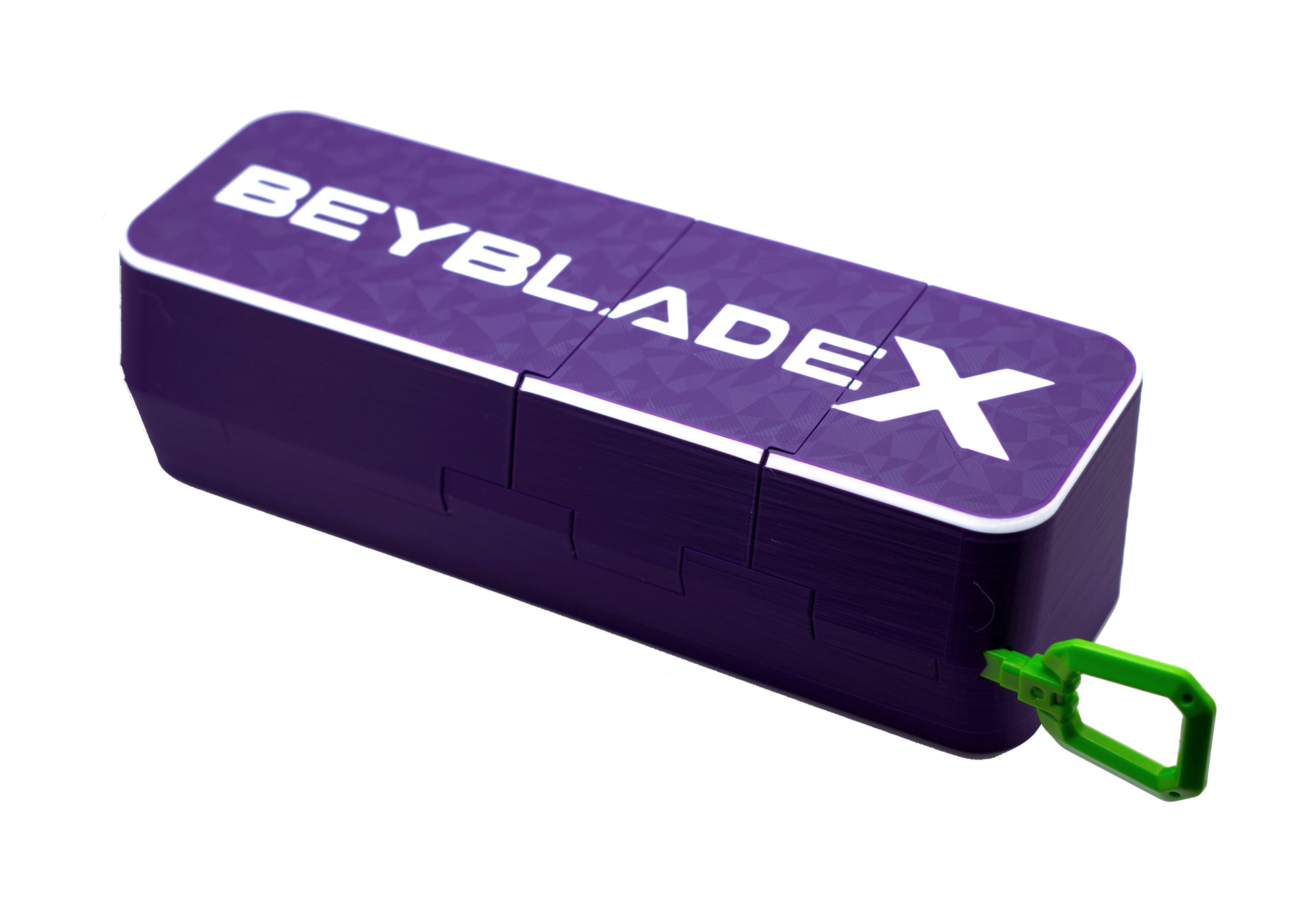 The Slam Shell EX deck box in the purple and white color combination fully closed with a green ripcord slid though it 