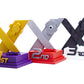 Three plastic trophy-style X-shaped stands on a white background, labeled 1st in purple, 2nd in red, and 3rd in white, with matching X-rails in gold, silver, and black.