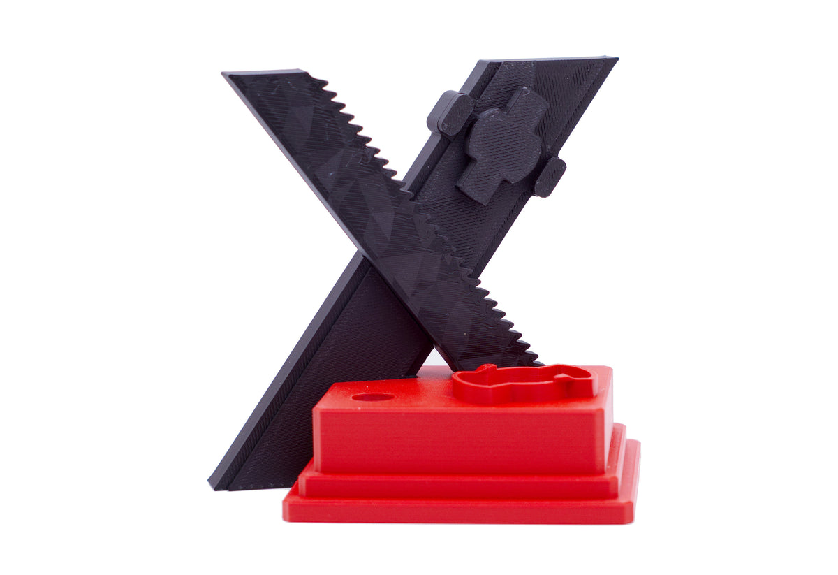 Stand without the trophy part shown in black red against a white background