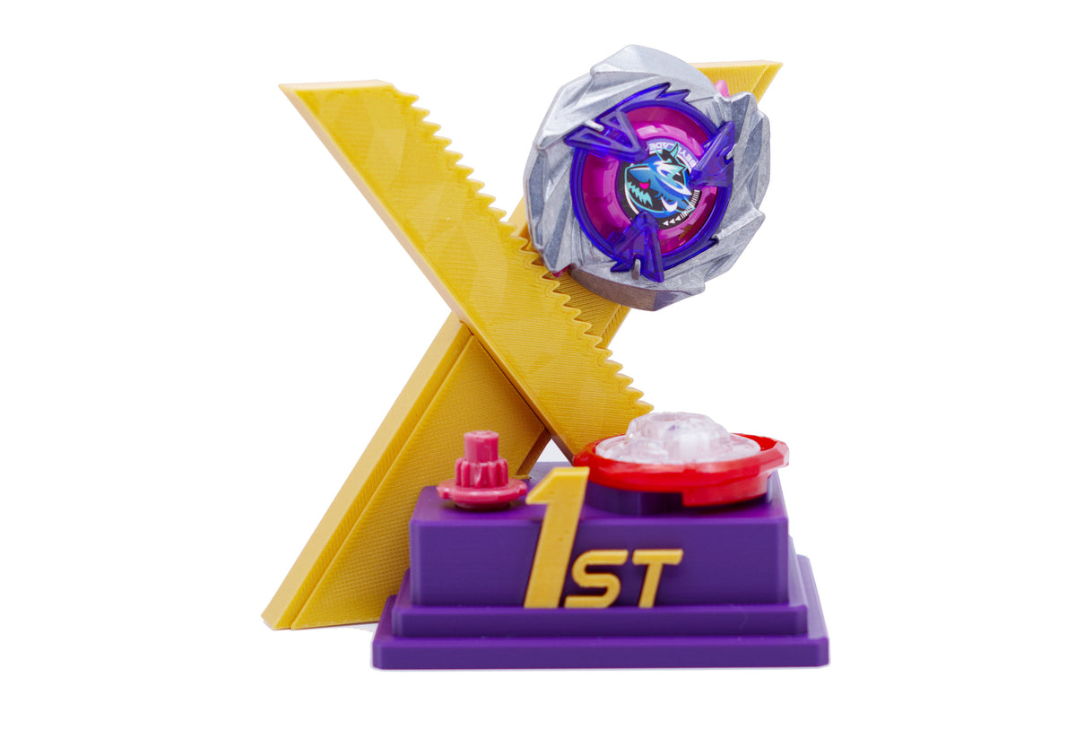 The 1st place Trophy Stand shown in gold purple with Shark Scale 1-70 low rush all against a white background