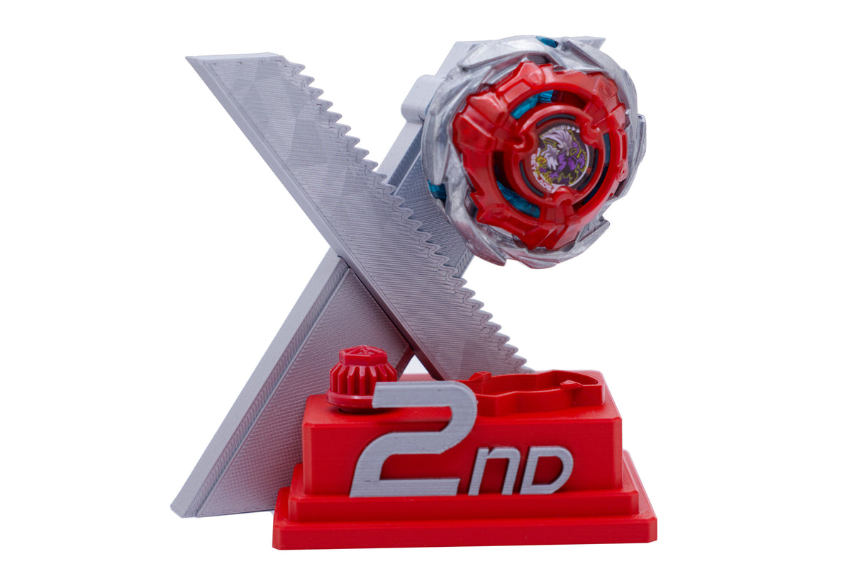 The 2nd place Trophy Stand in silver red with Bullet Griffon hexa build against a white background