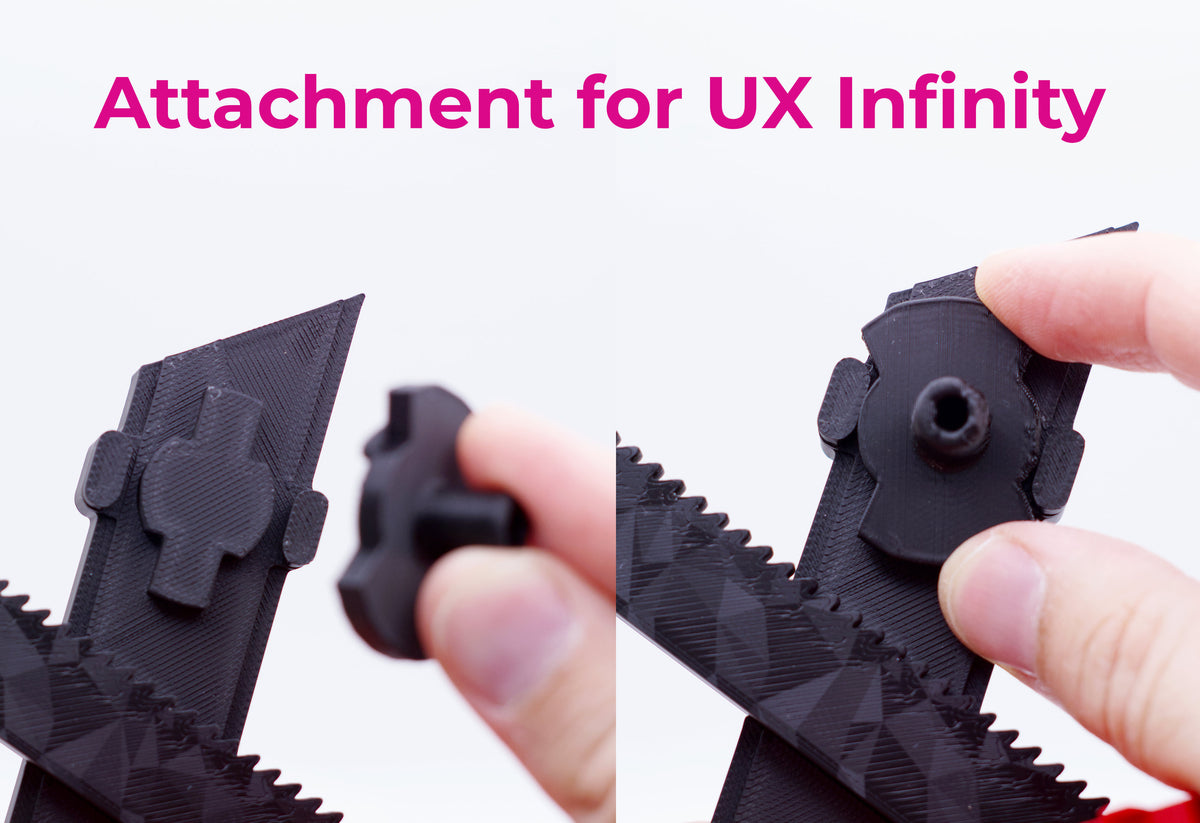 A close-up demonstration showing a black 3D-printed attachment piece being fitted onto the right side of the Trophy Stand for Beyblade X, with a hand holding the component. Pink text at the top reads 'Attachment for UX Infinity' on a white background.