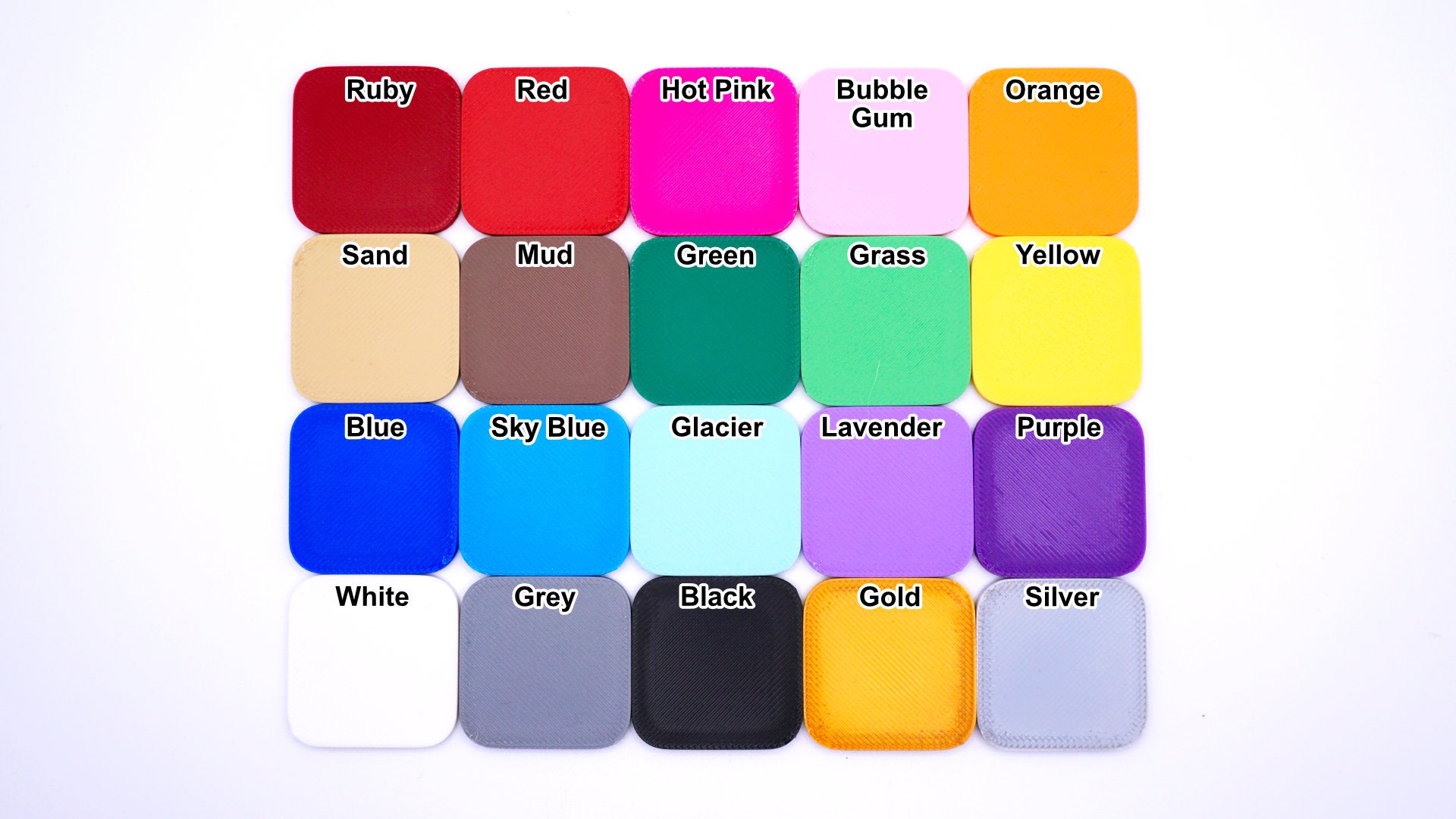 All the available color options for Momo's Models. Color options include, red, cherry, hot pink, bubble gum, orange, yellow, grass, green, mud, sand, blue, sky blue, glacier, lavender, purple, white, grey, black, gold, silver