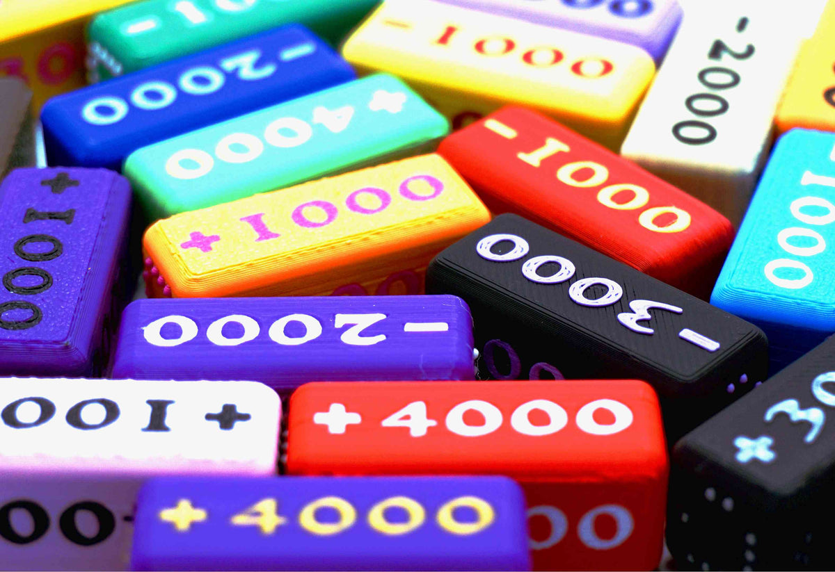 Close up of the Attack Increase and Decrease markers used for TCG and Tabletop games. Shown in various colors