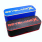 Two Beyblade X Deckboxes from Momo's Models shown in the blue/gold and black/red color combinations against a white background