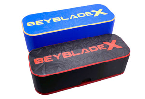Two Beyblade X Deckboxes from Momo's Models shown in the blue/gold and black/red color combinations against a white background