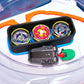 The Beyblade X Deckbox from Momo's Models with the Samurai Calibur, Clock Mirage, and Cobalt Dragoon beyblades inside the Takara Tomy Stadium next to a grey string launcher with a green thumb tab