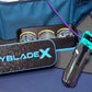 The Beyblade X Deckbox from Momo's Models shown in Black and Sky Blue with the Samurai Calibur and Cobalt Dragoon in the case. Next to a Takara Tomy stadium and teal launcher with a Slip Grip