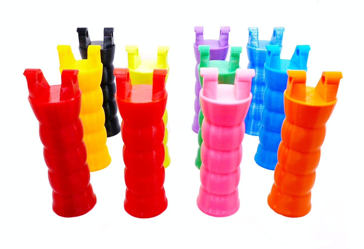 All the Beyblade X Full Grip Handles in the available colors, options shown are red, cherry, pink, orange, yellow, lime, green, sky blue, blue, purple, white, and black