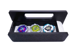 The Garage Style deck box with handle in black with white door and tray with Shark Scale, Hover Wyvern, and Emperor Blast against a white background