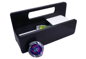 The Garage Style deck box with handle in black with white door and tray with Shark Scale, Hover Wyvern, and Emperor Blast against a white background
