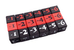Mini Negative Dice shown in multiple color combinations with the various digits available on the dice, all against a white background