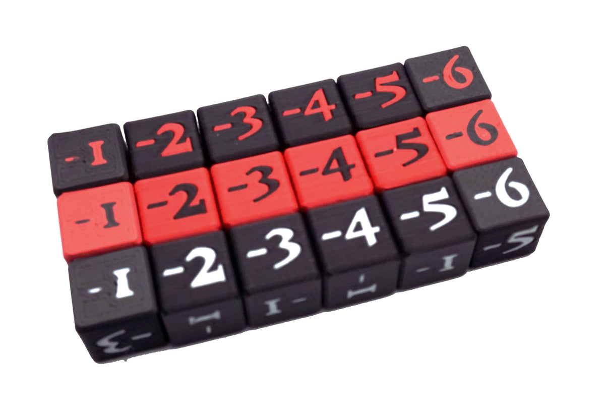 Mini Negative Dice shown in multiple color combinations with the various digits available on the dice, all against a white background