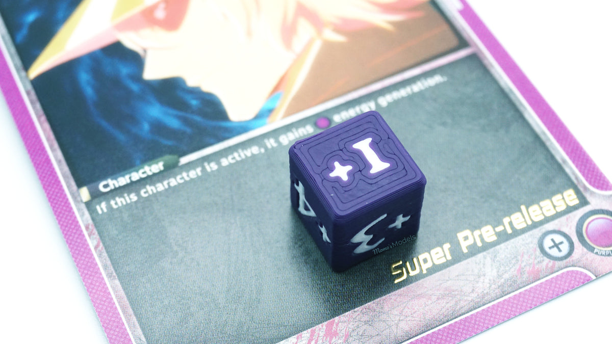 Purple and white Mini Positive Dice on top of a Bleach Super Pre-Release card from Union Arena TCG