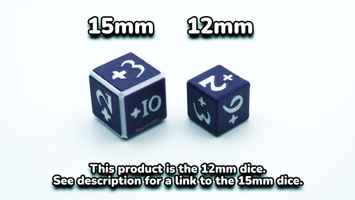 Size comparison of the Positive Dice and the Mini Positive Dice. Shown on a white background