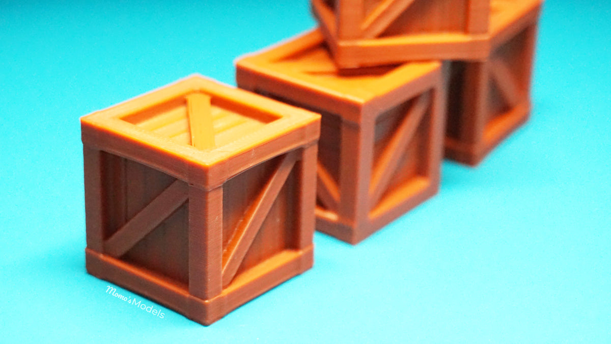 Three brown 3d printed wooden crates on a blue background