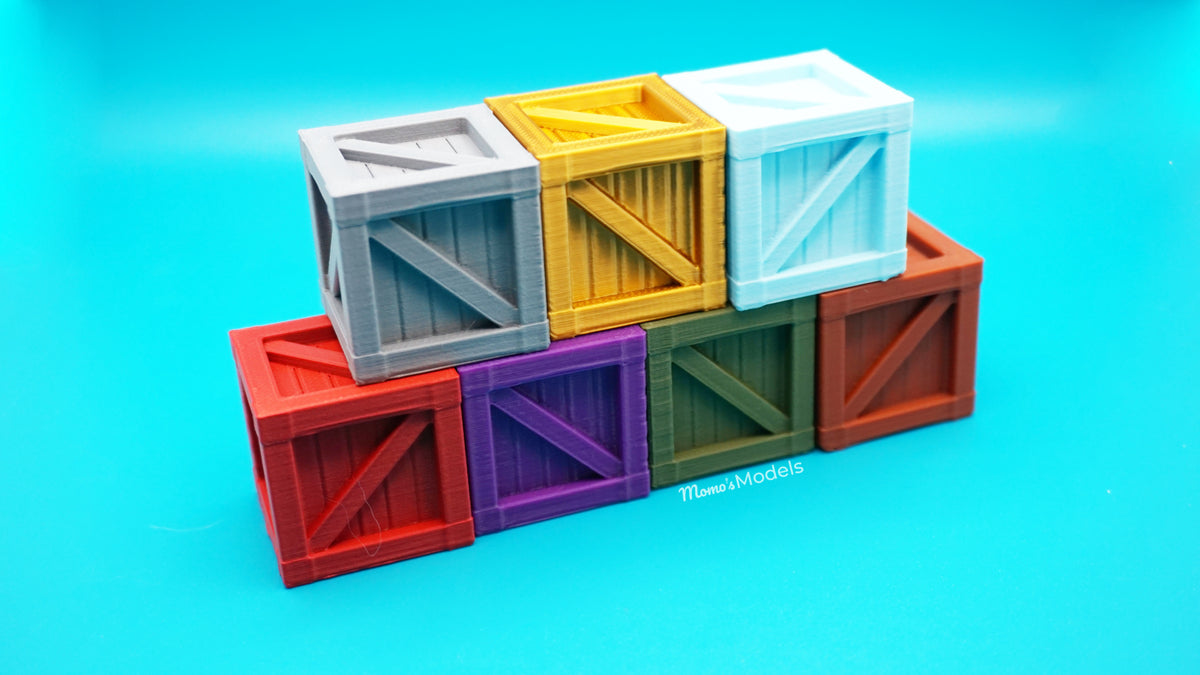 Colorful 3d printed wooden crates stacked on a blue background