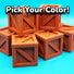 Stack of brown 3d printed wooden crates on a blue background with text 'Pick Your Color!'.