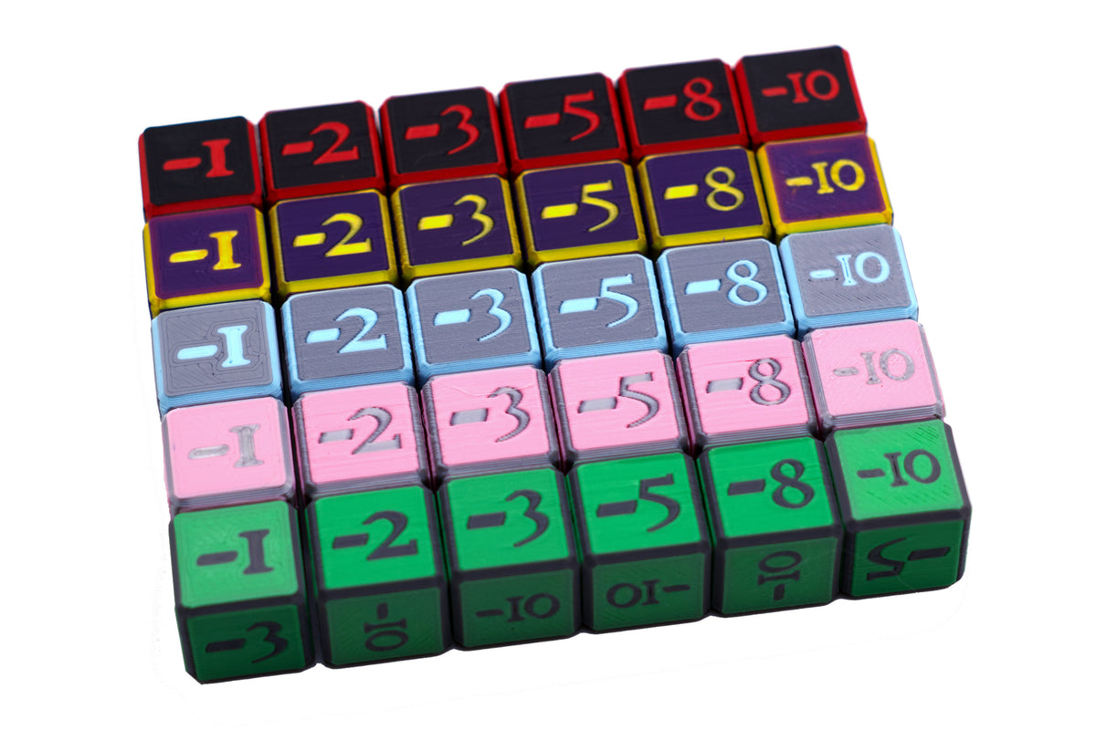 Negative Dice shown in multiple color combinations with the various digits available on the dice, all against a white background