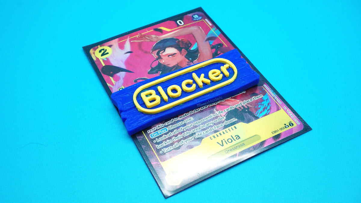 Blocker Ability Marker shown in blue and yellow on top of a Viola card from the OPTCG