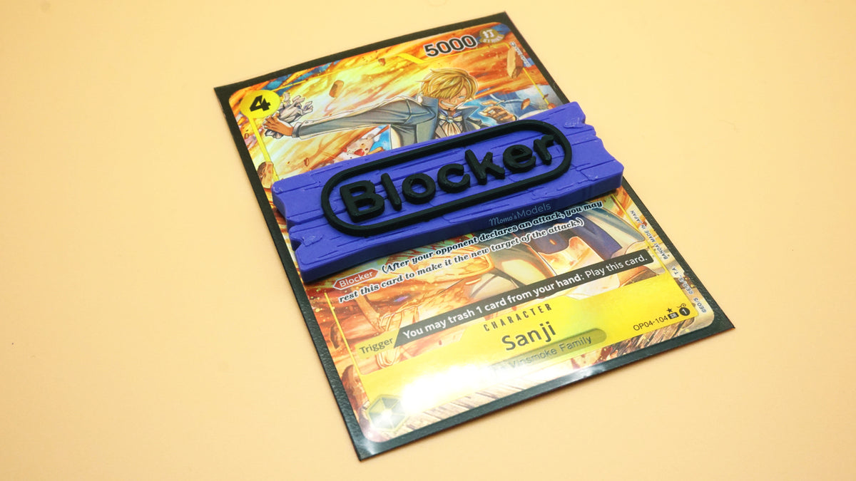 Blocker Ability Marker shown in blue and black on top of a Sanji card from the OPTCG