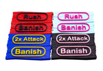 One Piece TCG ability markers shown in various colors. Used for Rush, Banish, 2x Attack, and Blocker. All against a white background