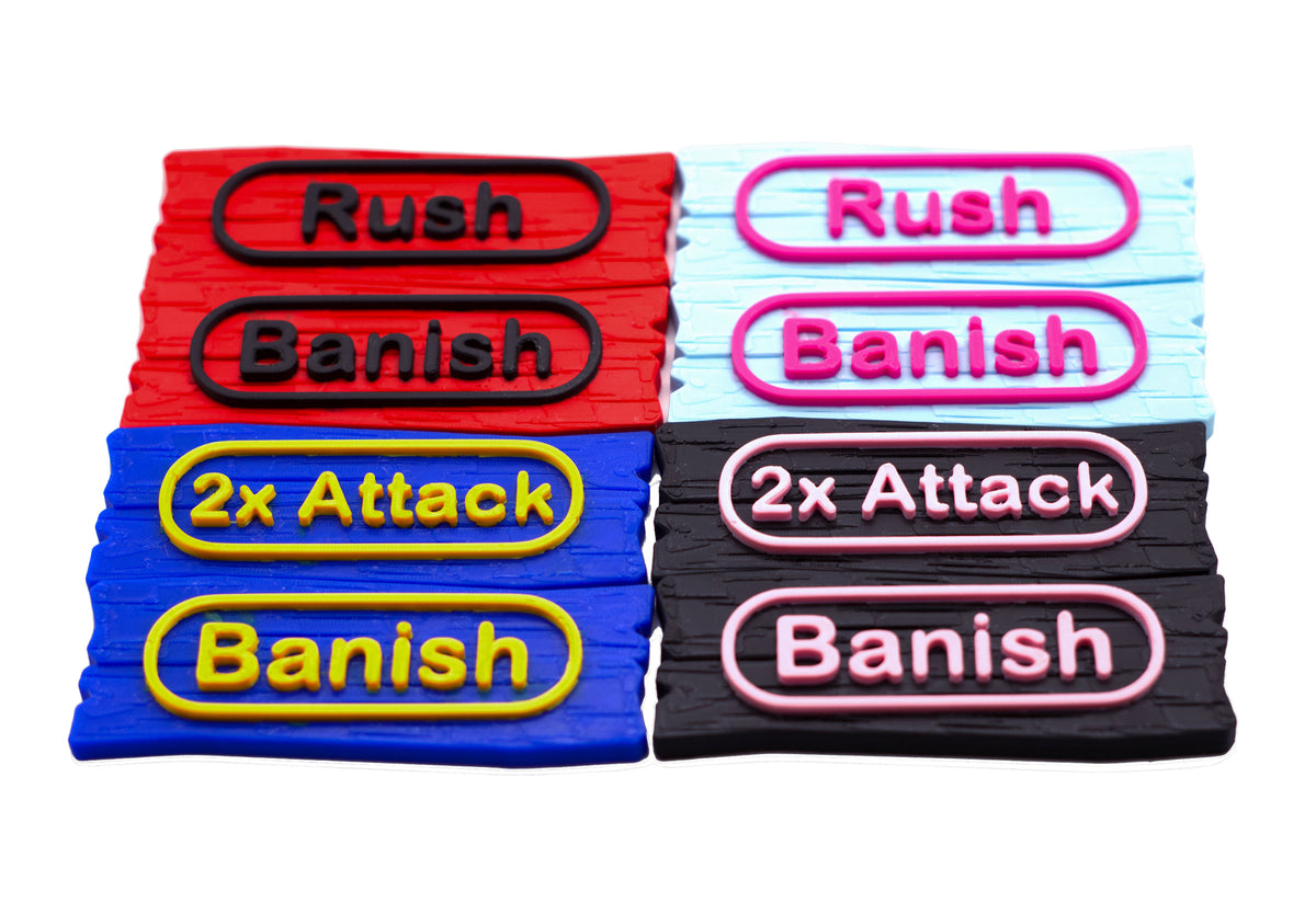One Piece TCG ability markers shown in various colors. Used for Rush, Banish, 2x Attack, and Blocker. All against a white background