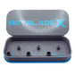 A gray rectangular case with a blue trim and the text "BEYBLADE X" in sky blue. The case is open, revealing several cylindrical holders inside. The lid has a geometric pattern.